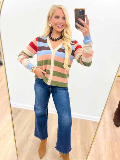Striped v-neck button cardigan, long sleeves, ribbed cuffs; beige multi color block stripes