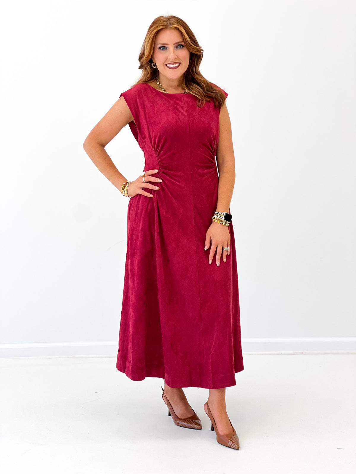 Burgundy faux suede midi dress, sleeveless crew neckline and cinched waist