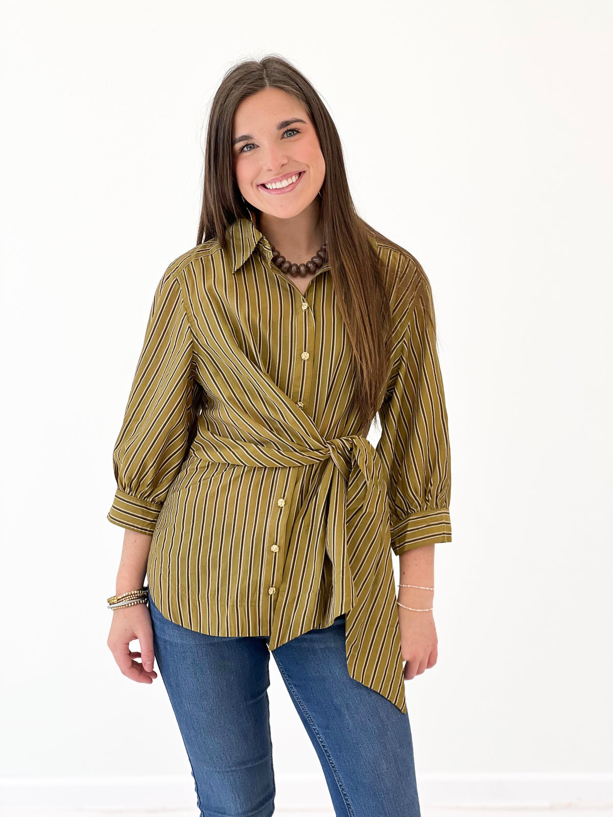 Olive striped blouse with crossover front and tied waist, 3/4 sleeves