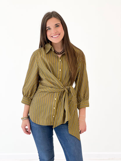 Olive striped blouse with crossover front and tied waist, 3/4 sleeves