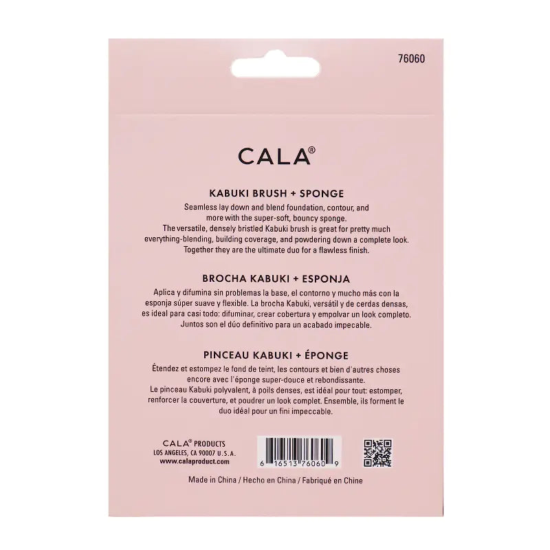 CALA kabuki brush and blending sponge set packaging, back panel with product details