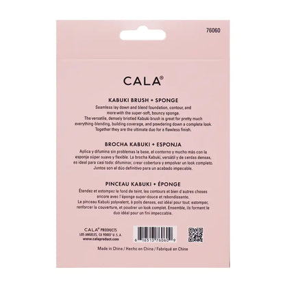 CALA kabuki brush and blending sponge set packaging, back panel with product details