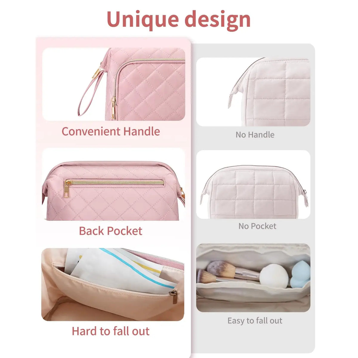 Quilted makeup organizer bag with handle, back pocket, and wide-opening compartment