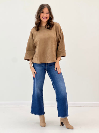 Mocha suede-look blouse with wide sleeves and relaxed silhouette, rounded neckline