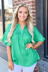 Kelly Green Pleated V-Neck top