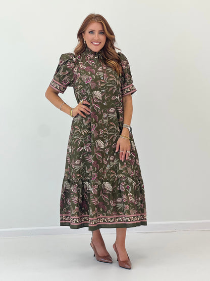 Olive floral border print midi dress with ruffled high neckline and short sleeves