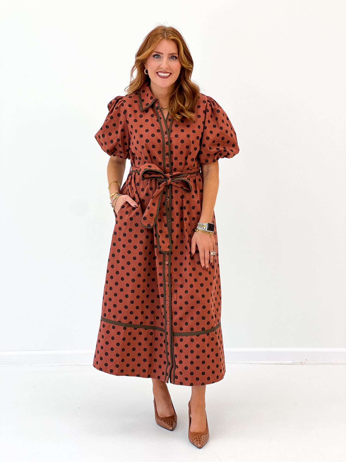Jodifl Polka Dot Puff Sleeve Midi Dress