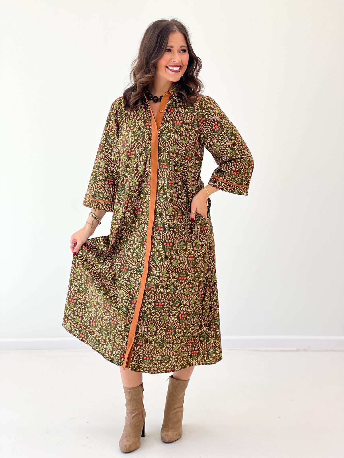 Olive floral contrast button-down midi dress with long sleeves and contrast trim