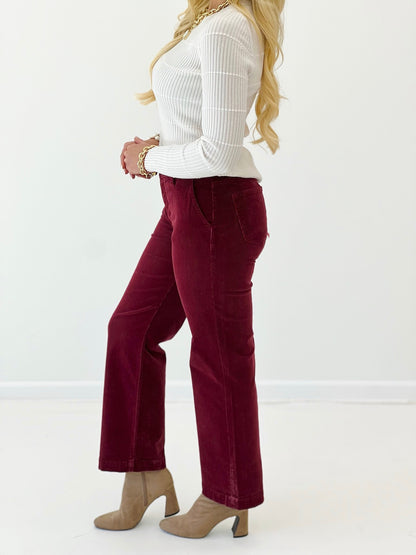 Wine mid-rise ankle straight corduroy pants, side view, belt loops and wide ankle hem