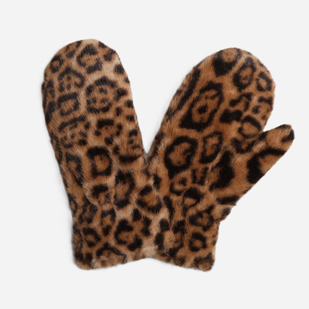 Leopard print faux fur winter mittens