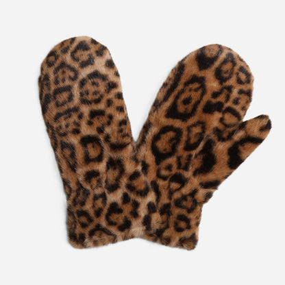 Leopard print faux fur winter mittens