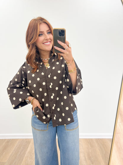 Espresso button-down polka dot top with collar and long sleeves