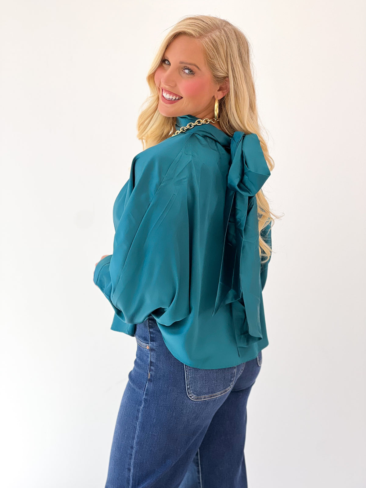 Teal satin-effect tie-back blouse with gathered back tie detail