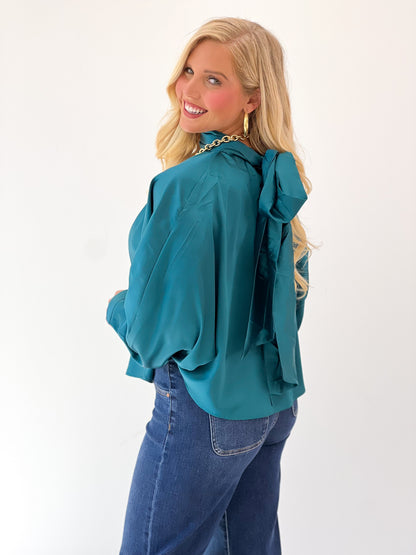 Teal satin-effect tie-back blouse with gathered back tie detail