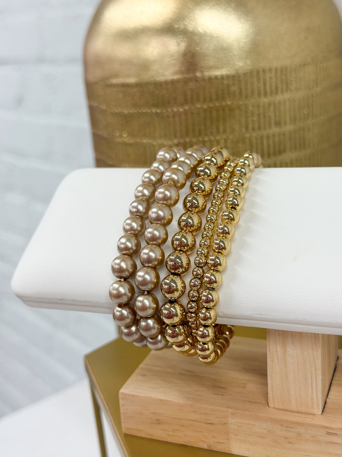 Gold-toned 5-row pearl and crystal bead bracelet, multiple tight stacked rows