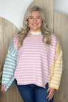 Pink and Blue and Yellow Color Block Stripe Sweater