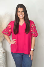 Magenta Embroidery Puff Sleeve Top