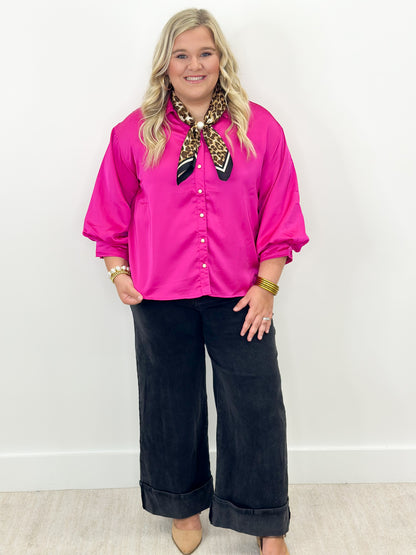 Fuchsia puff-sleeve button-front shirt with gold button placket