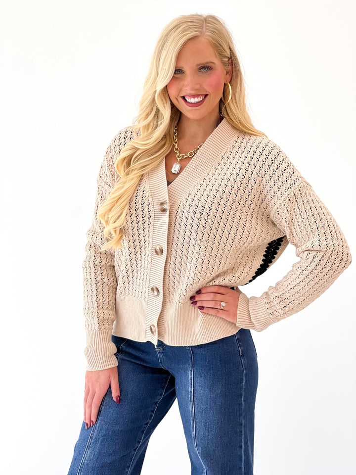 Sand crochet-knit cardigan with button front and textured V-neck detail