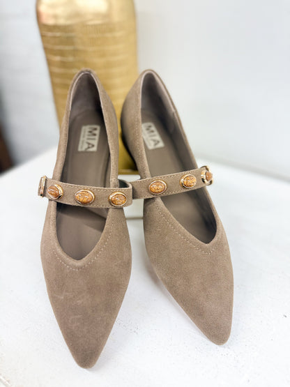 Taupe suede pointed stud flats with gold coin-stud strap and buckle