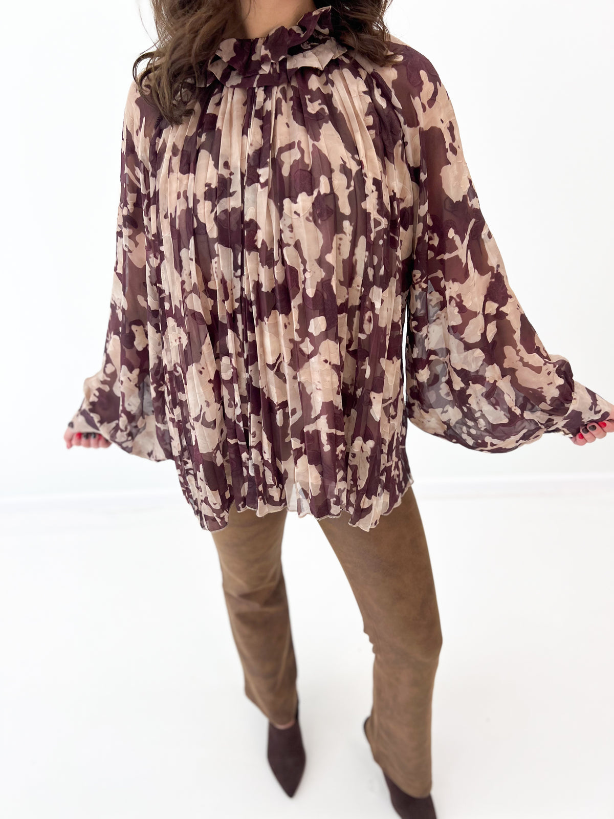 Burnout pleated lantern-sleeve top in taupe and dark abstract print, ruffled high neckline