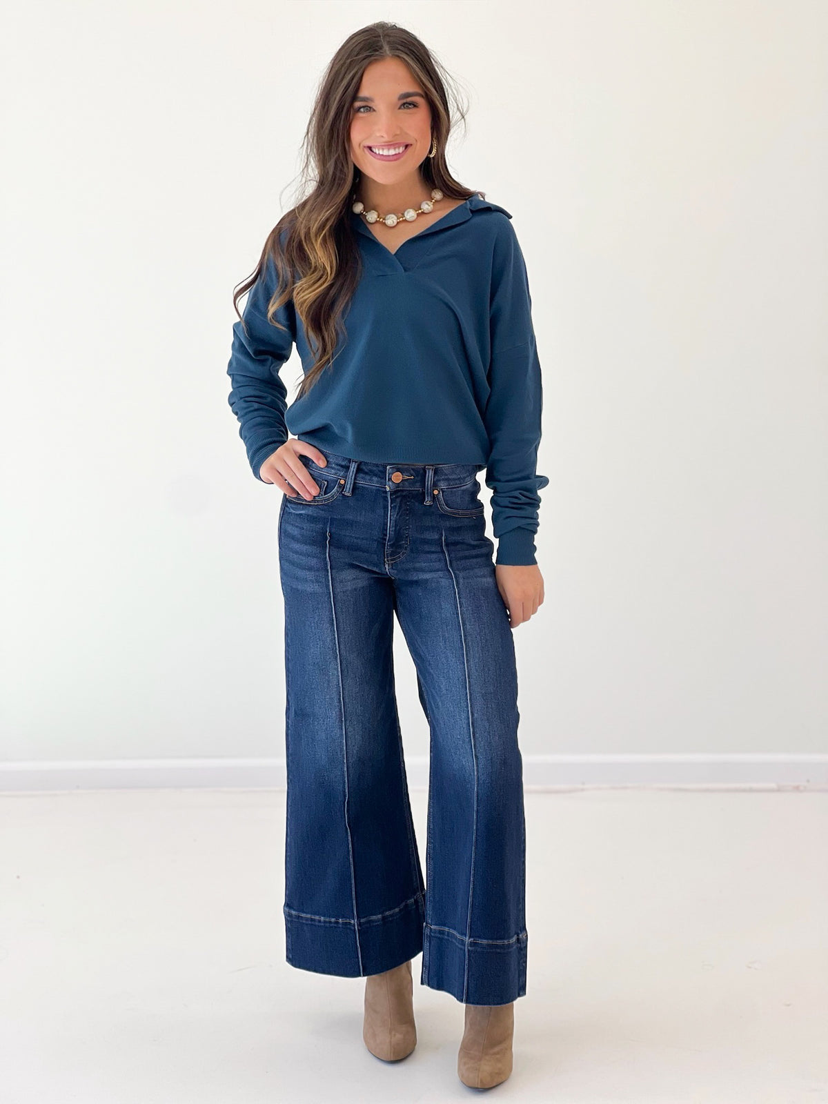 Teal cashmere-blend johnny-collar long-sleeve top with relaxed fit