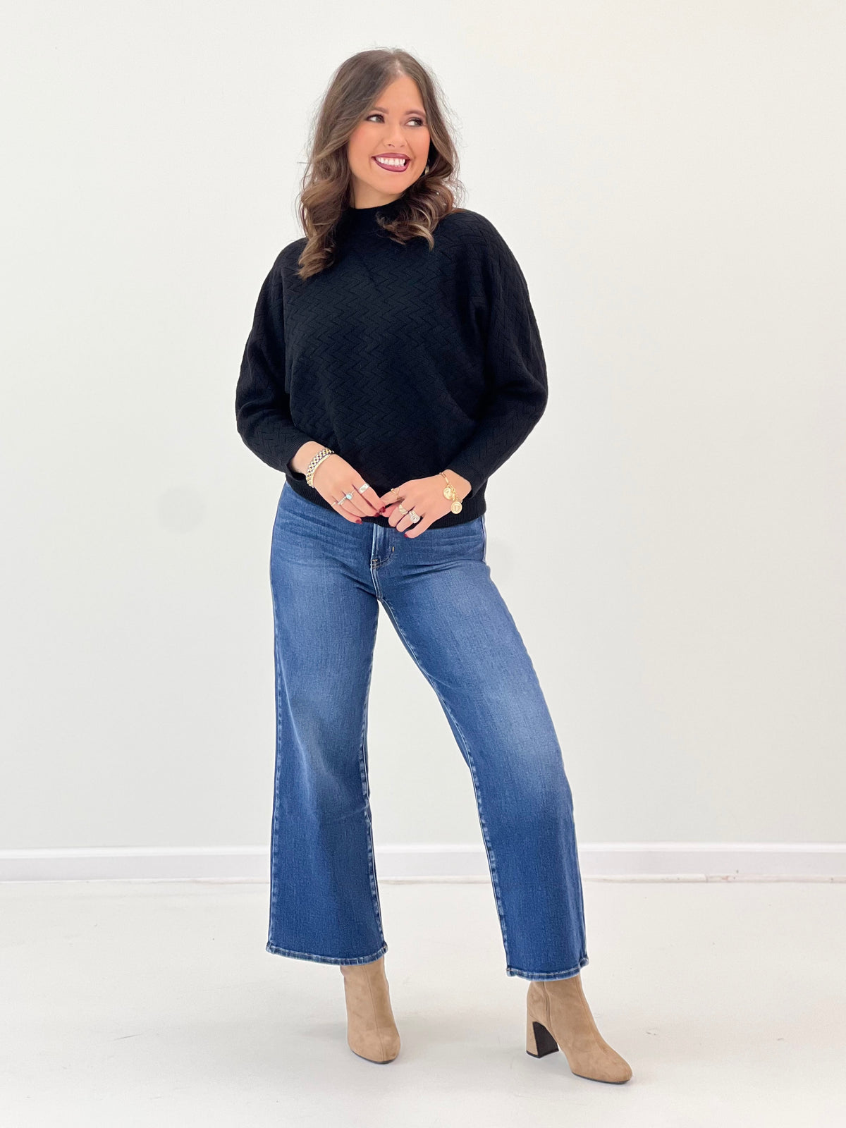 Black soft mock neck sweater, long dolman sleeves and ribbed cuffs