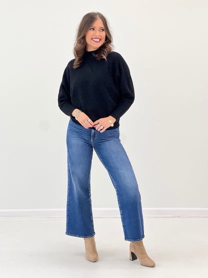 Black soft mock neck sweater, long dolman sleeves and ribbed cuffs