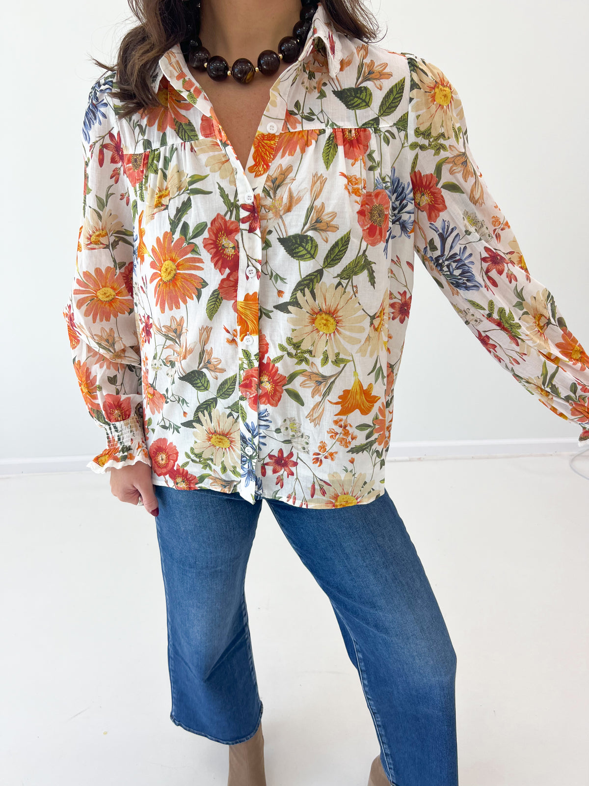 Floral print long-sleeve button-front blouse with lace-trim detail, off-white with multicolor flowers