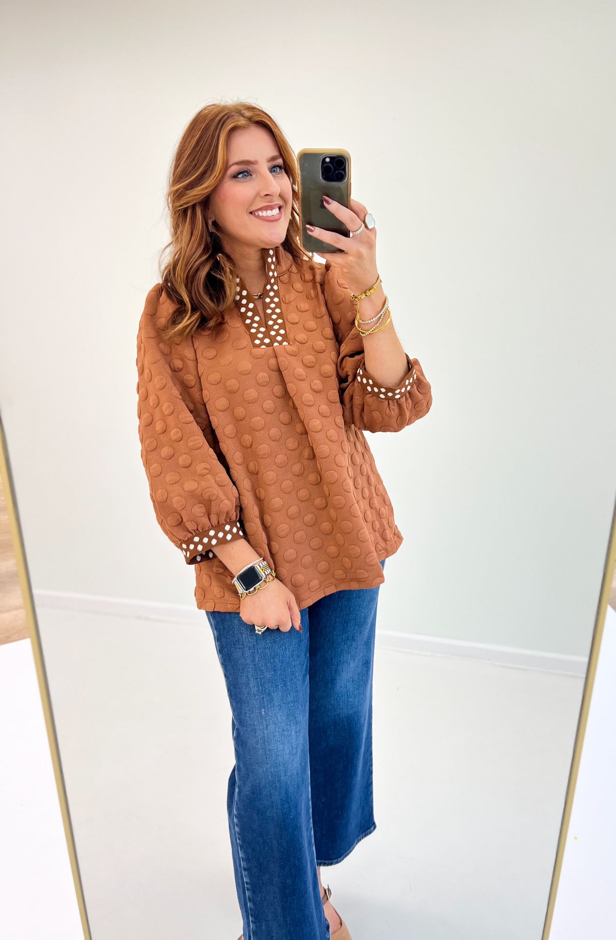 Umgee Jacquard Polka Dot Contrast Trim Top