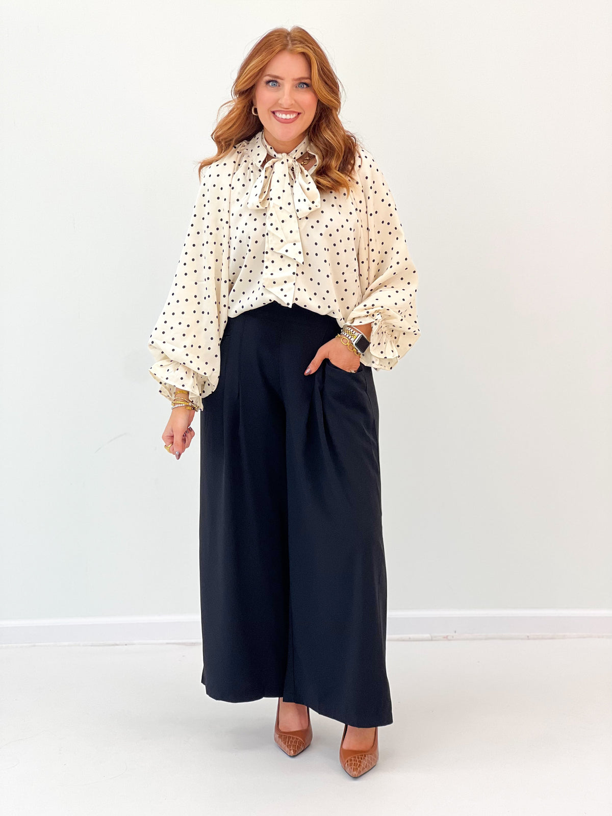 Cream polka dot satin scarf top, tie neck with bow and flowing long sleeves