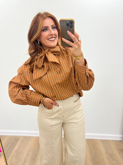 Camel striped high-neck tie-front long-sleeve shirt with bow collar
