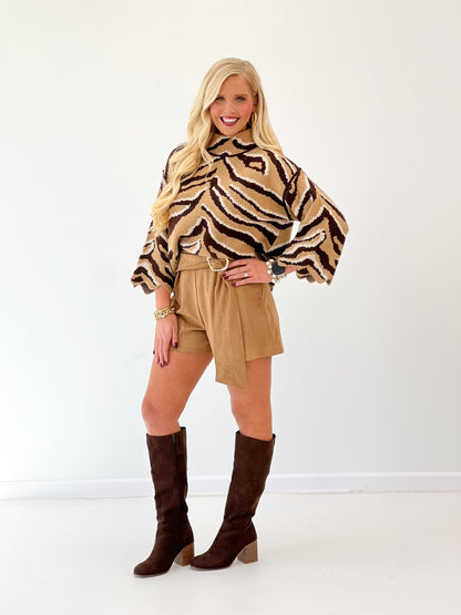 Camel suede belted shorts with asymmetric front tie and pleated waistband