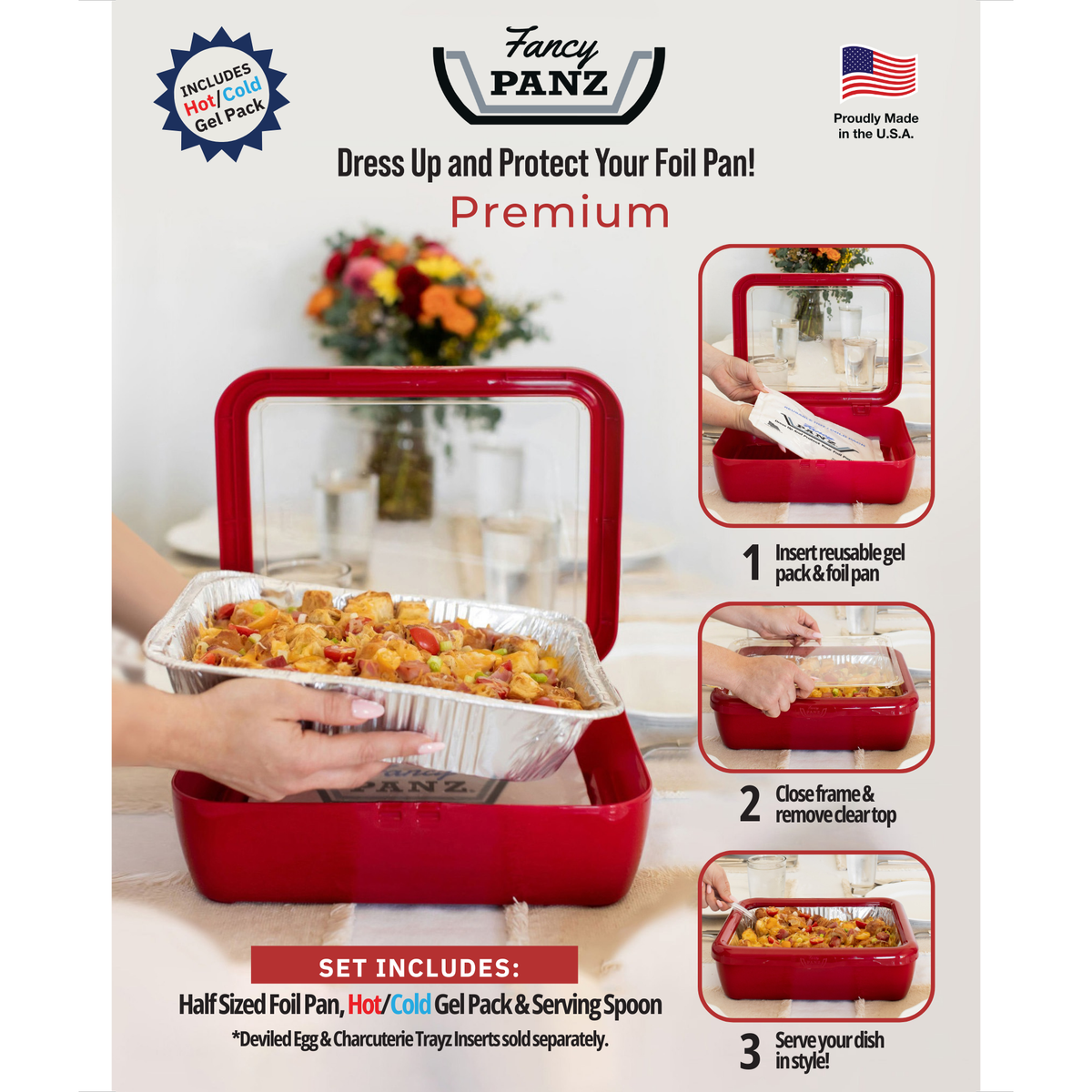 Premium insulated foil pan carrier set with stackable design and gel pack