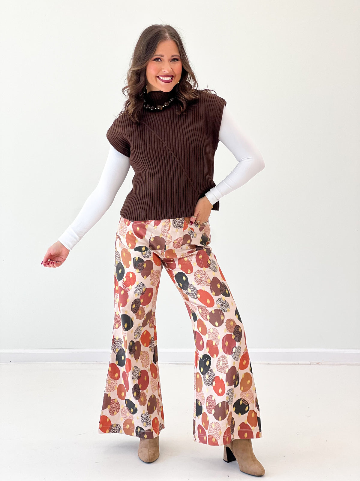Wide-leg pants with multicolor abstract foil print and wide flared hems