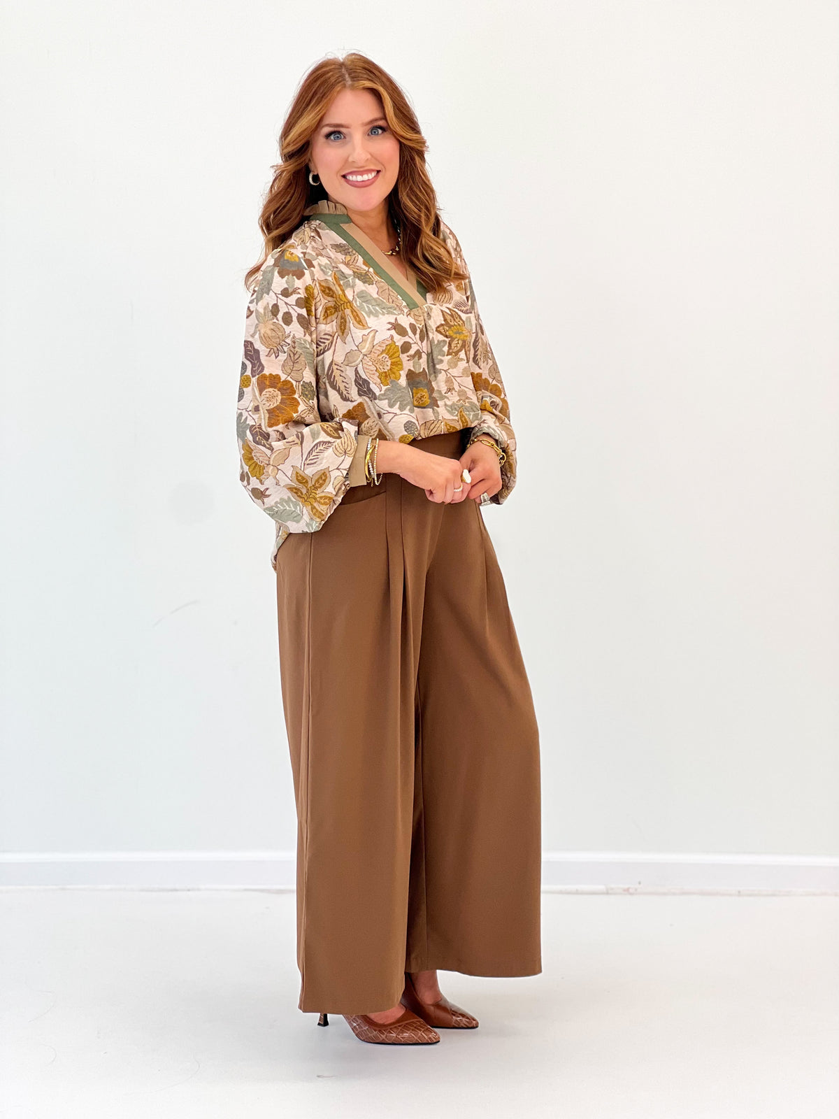 Umgee Floral Contrast Trim Long Sleeve Top
