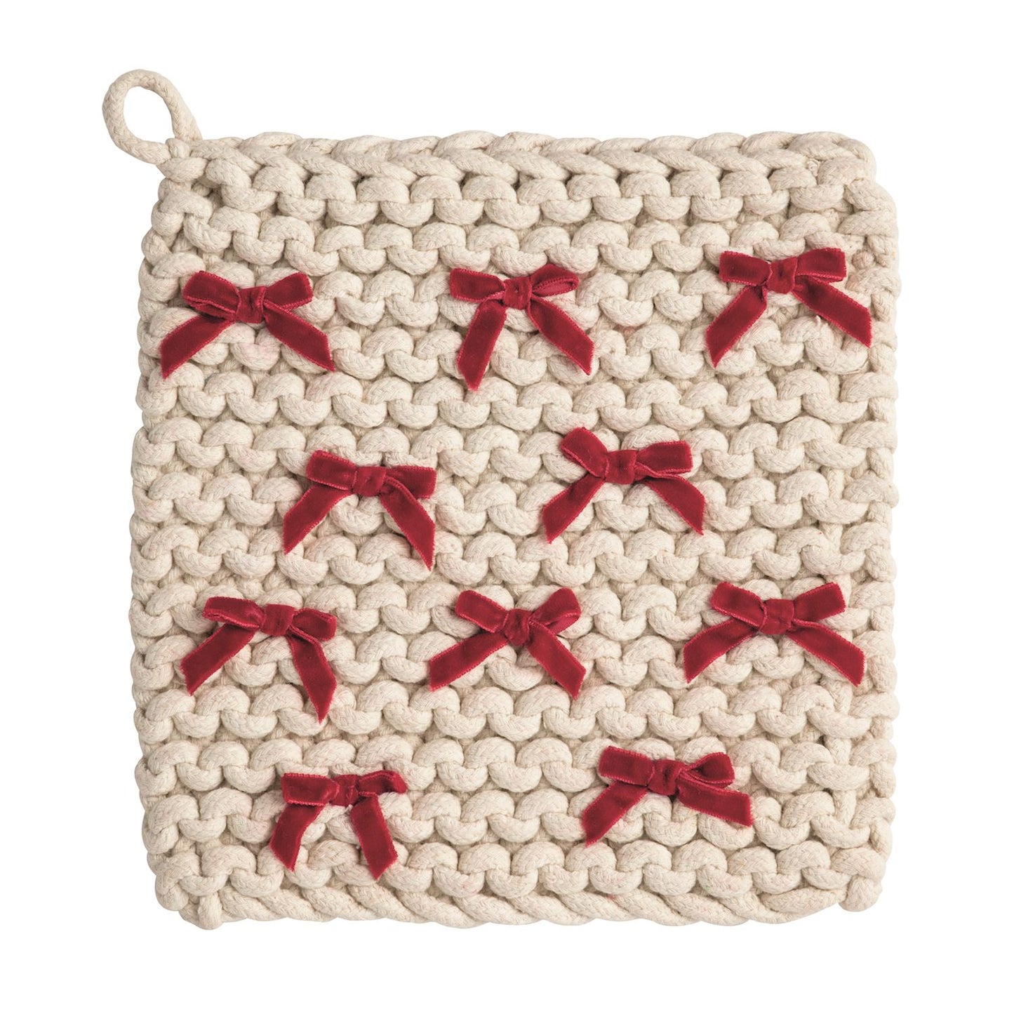 Crochet Pot Holder with Red Velvet Bows, Cream