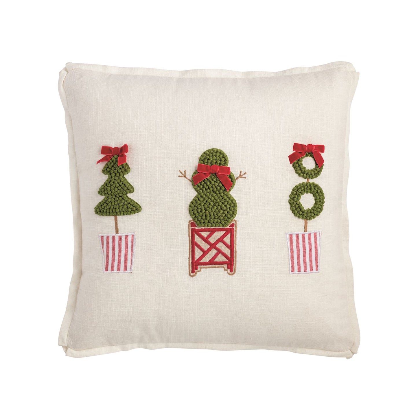 Square Christmas Topiary Pillow, Cream, Embroidered