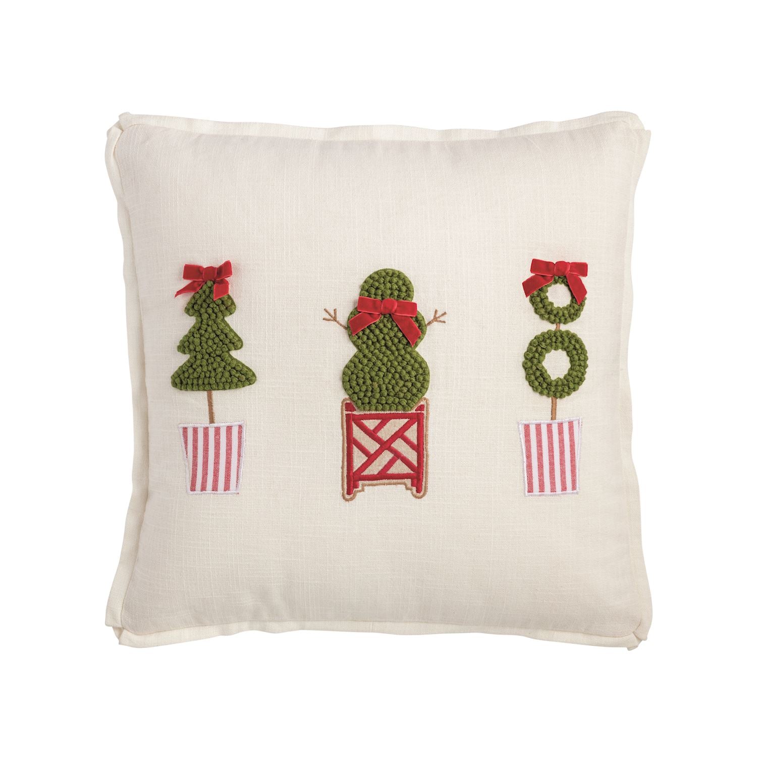 Square Christmas Topiary Pillow, Cream, Embroidered