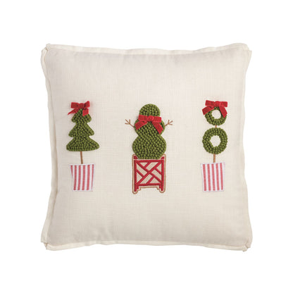 Square Christmas Topiary Pillow, Cream, Embroidered