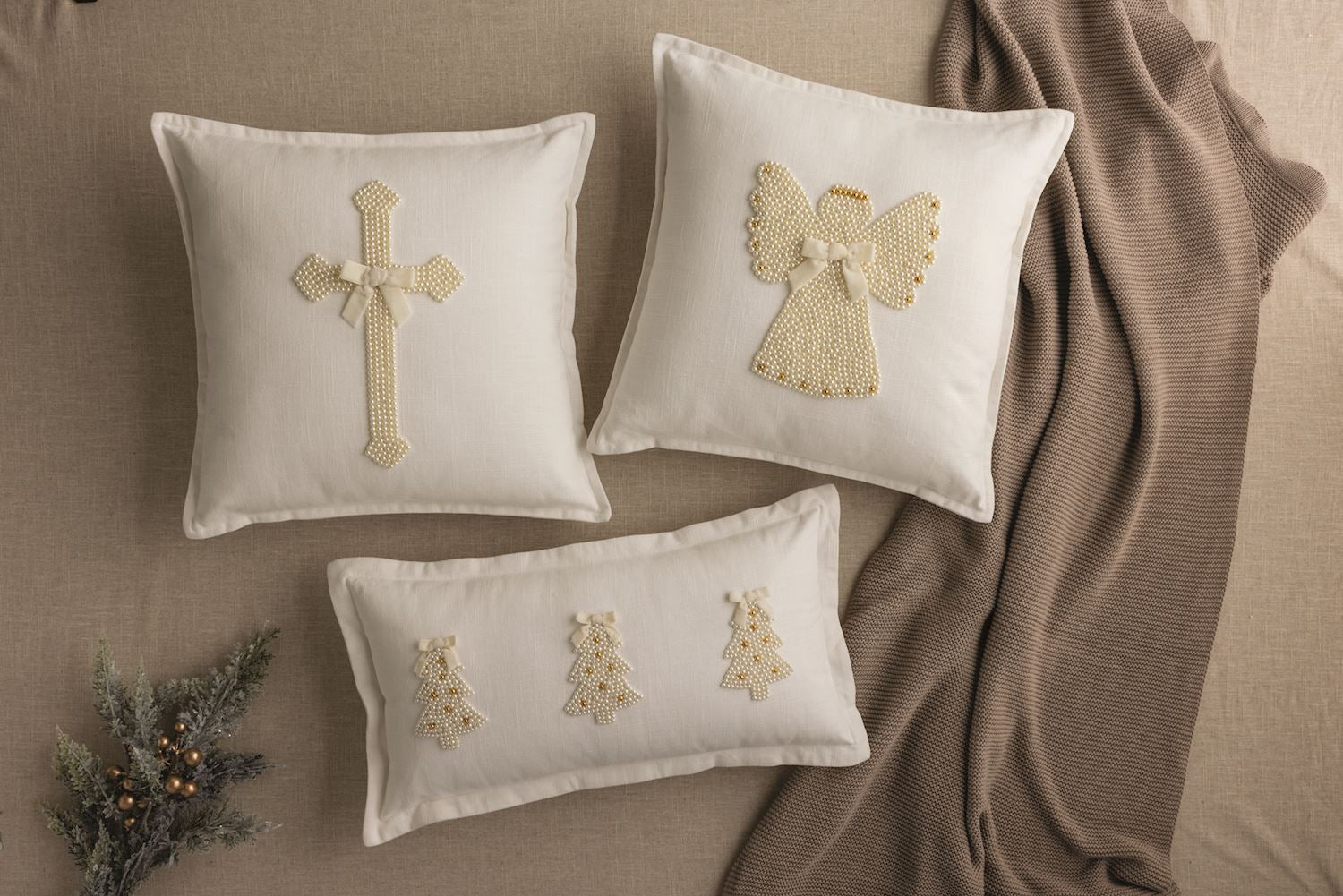 MudPie Tree Pearl Embroidered Pillow styled
