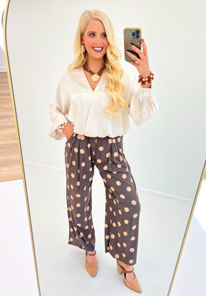Umgee Polka Dot High Waist Pleated Wide Leg Pants