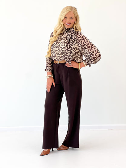 Taupe leopard print high-neck tie blouse with gathered long sleeves and cuffs