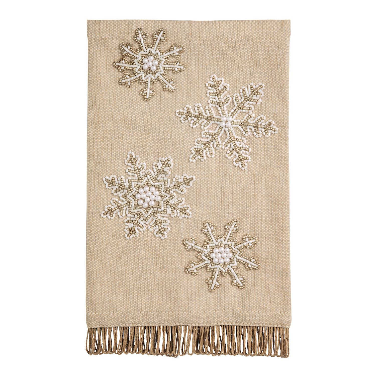 Snowflake Beaded Hand Towel, Natural, Gold and White