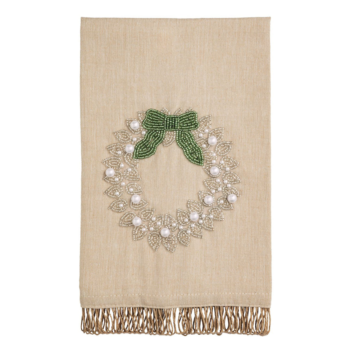 Wreath Beaded Hand Towel, Natural with Green Bow