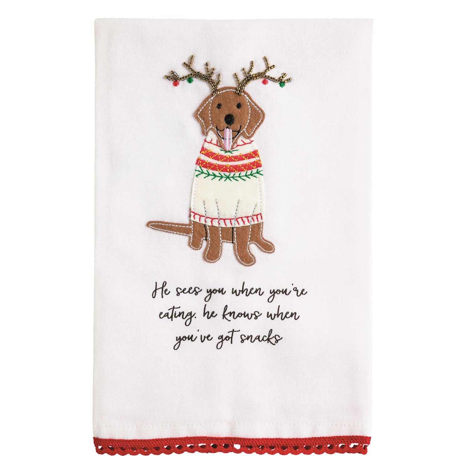 He Sees Embroider Dog Kitchen Towel, White