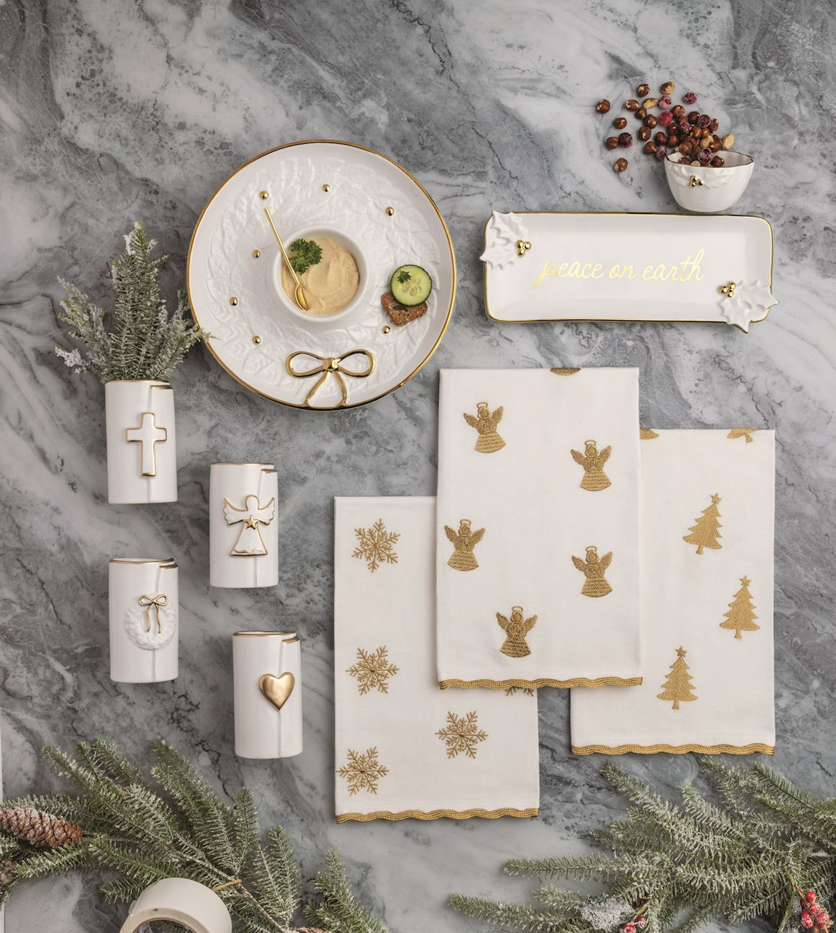 Gold Snowflake Embroidered Hand Towel, White