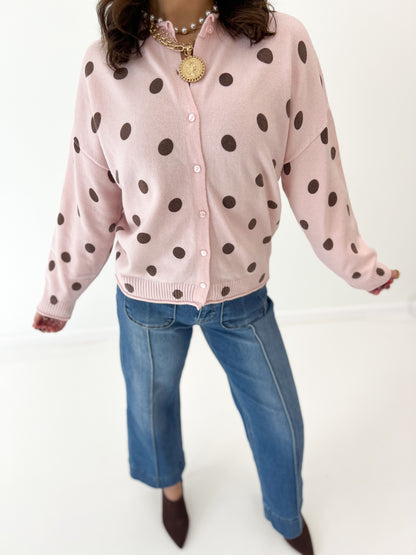 Polka dot knit cardigan, pink with long sleeves and button-front closure