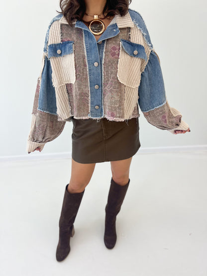 Patchwork long-sleeve shacket with collar, button front, chest pockets; frayed hem, blue/oat