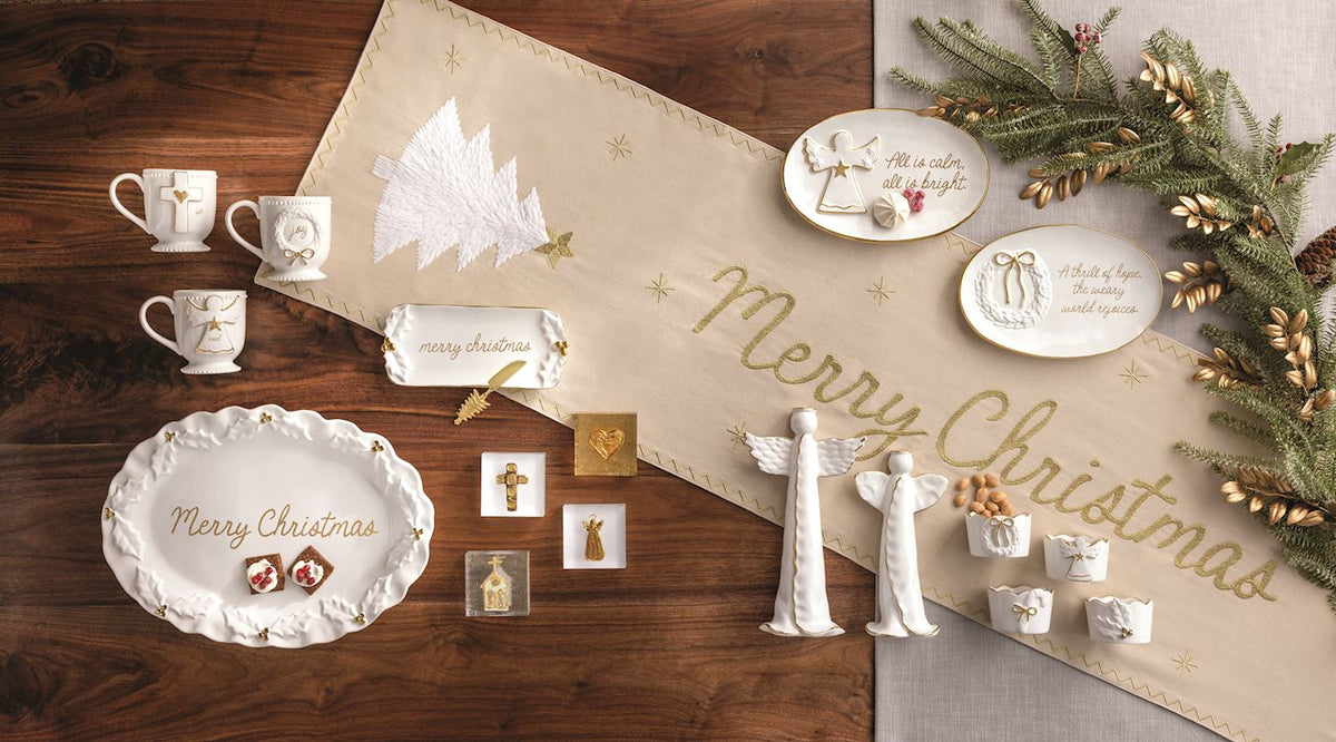 Merry Christmas Embroidered Table Runner, Cream and Gold